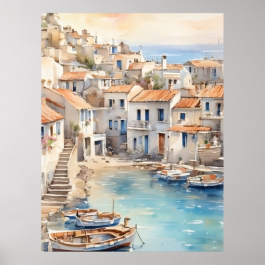 Mediterranean boho watercolor village poster (Voorkant)