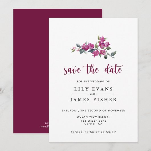 Mediterranean Bougainvillea Burgundy Save the Date Kaart (Voorkant / Achterkant)