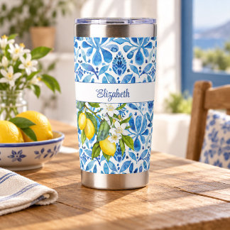 Mediterranean Citrus en Blauwe Tegels Aangepaste N Geïsoleerde Drinkbeker