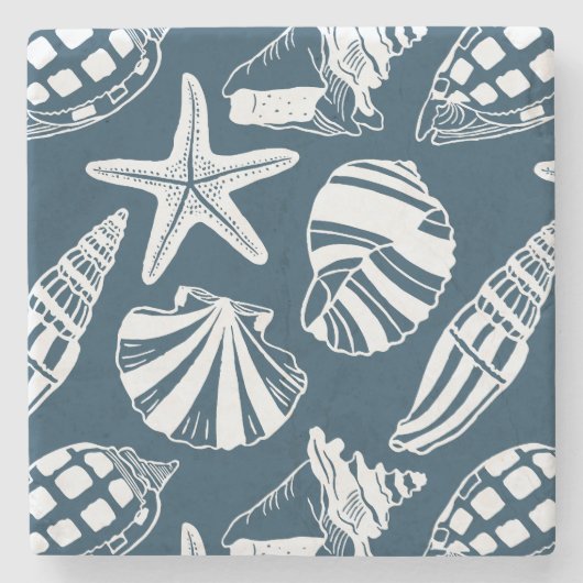 Mediterranean Coastal Seashell Toile Aegean Blue Stenen Onderzetter (Voorkant)