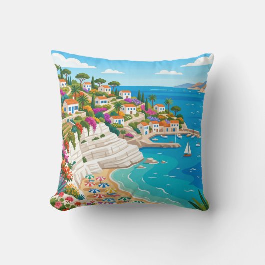 Mediterranean Coastal Village Beach Throw Pillow Kussen (Voorkant)