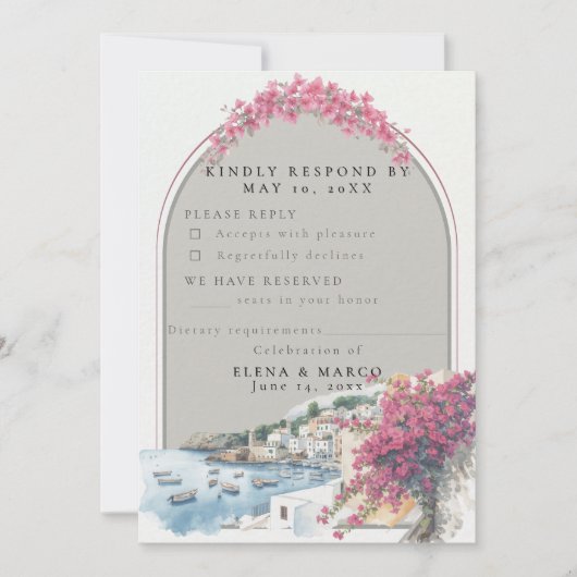 Mediterranean Coastal Wedding RSVP Card – Response Kaart (Voorkant)