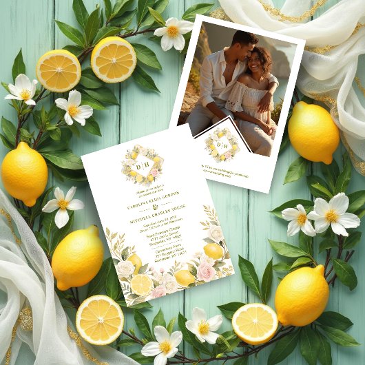 Mediterranean Flowers and Lemons Wedding Photo Kaart