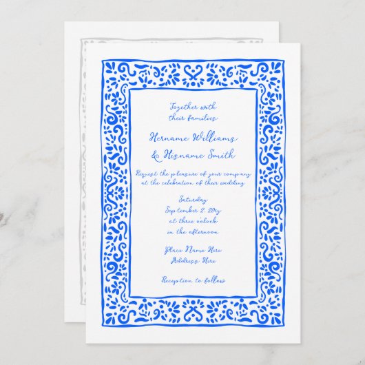 Mediterranean Hand Painted Blue White Wedding Kaart (Voorkant / Achterkant)