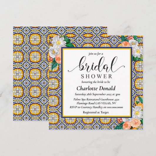 Mediterranean Italy Blue Tiles Bridal Shower  Kaart (Voorkant / Achterkant)