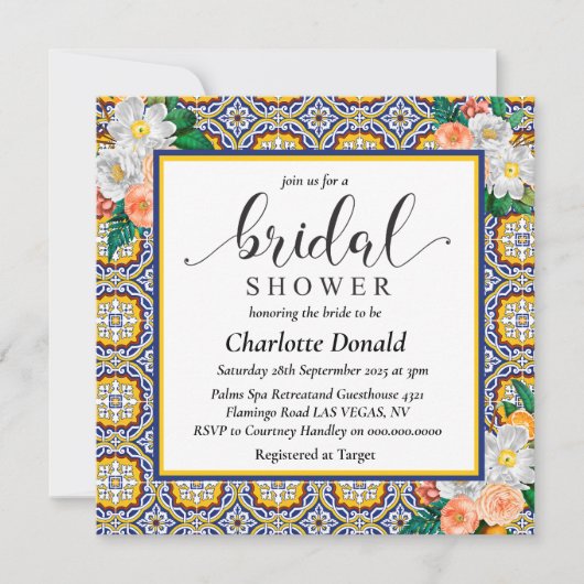 Mediterranean Italy Blue Tiles Bridal Shower  Kaart (Voorkant)