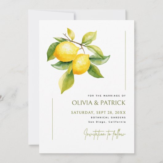 Mediterranean Italy Greece Lemon Vibrant Wedding Save The Date (Voorkant)