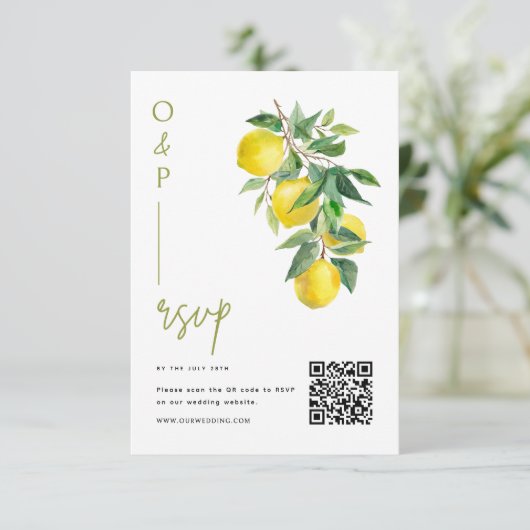 Mediterranean Italy Lemon Vibrant Wedding QR Code RSVP Kaartje (Staand voorkant)