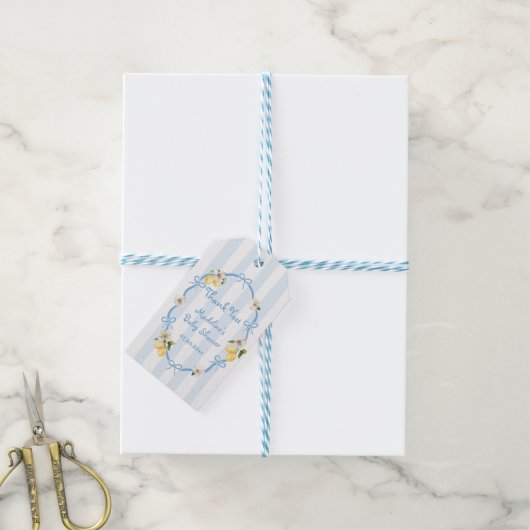 Mediterranean Lemon Blue Bows Baby shower Cadeaulabel (Met Touw)