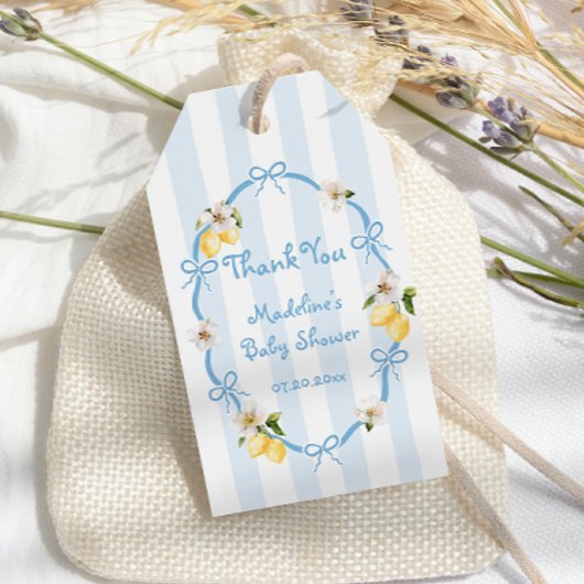 Mediterranean Lemon Blue Bows Baby shower Cadeaulabel