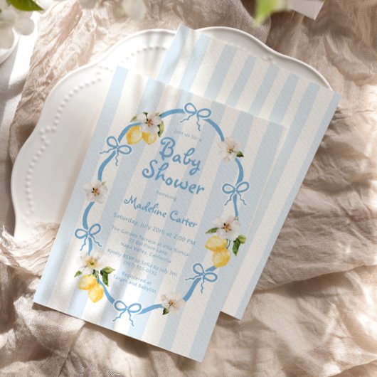 Mediterranean Lemon Blue Bows Baby shower Kaart