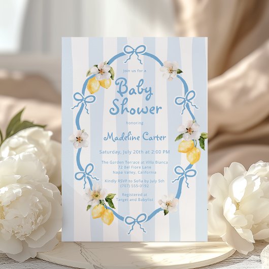 Mediterranean Lemon Blue Bows Baby shower Kaart