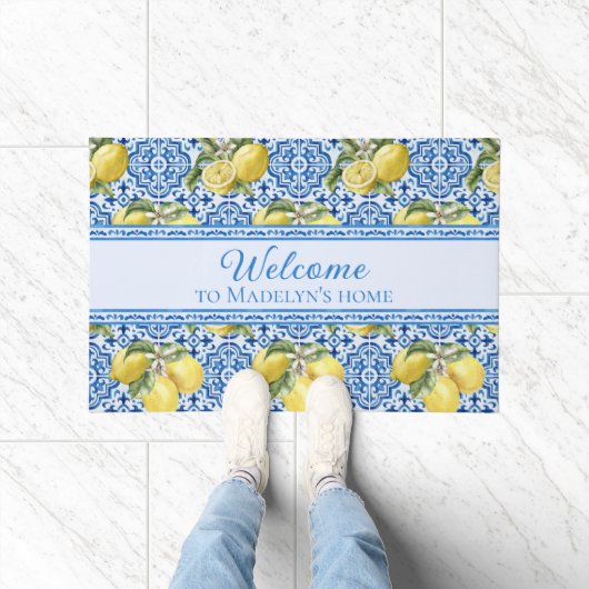 Mediterranean Lemon Blue Tile Personalized Welcome Deurmat (Binnen)