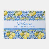 Mediterranean Lemon Blue Tile Personalized Welcome Deurmat (Voorkant)