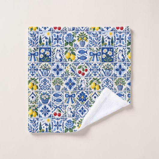 Mediterranean Lemon & Cobalt Blue Tile Garden Bad Handdoek (Wasdoekje)
