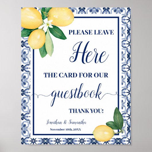 Mediterranean Lemon Leave Card Here Wedding Shower Poster (Voorkant)