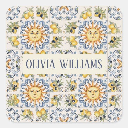 Mediterranean Lemon Tile Italian Coastal Design Vierkante Sticker (Voorkant)