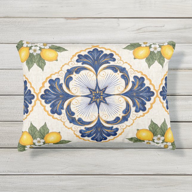 Mediterranean Lemon Tile Italian Talavera Buitenkussen (Voorkant)