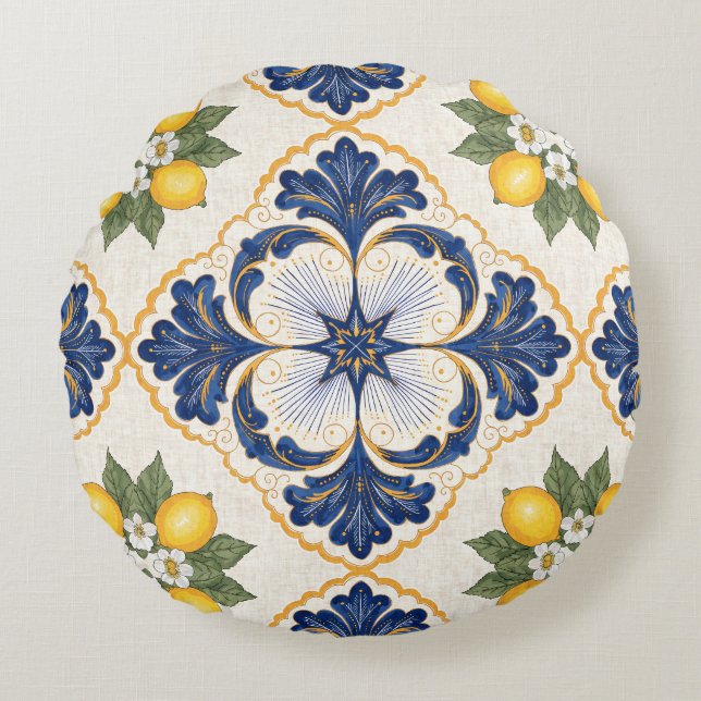 Mediterranean Lemon Tile Italian Talavera Rond Kussen (Voorkant)