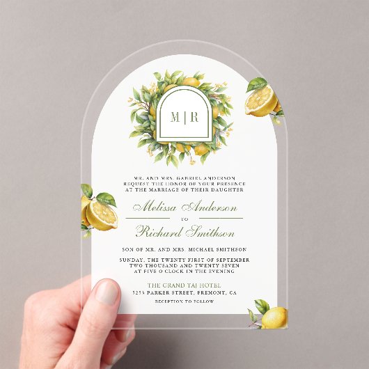Mediterranean Lemon Wedding Acryl Uitnodigingen (Insitu (Draagbaar))