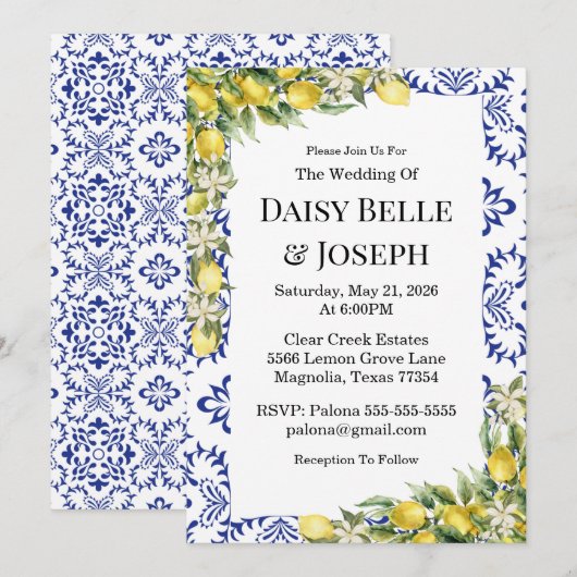 Mediterranean Lemons Blue Mosaic Tile Wedding Kaart (Voorkant / Achterkant)