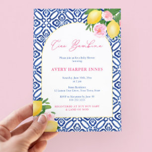 Mediterranean Lemons Pink Girl Baby shower Kaart