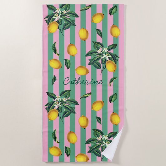 Mediterranean Lemons Pink Green Stripes Name Strandlaken (Voorkant)