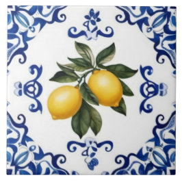 Mediterranean Lemons with Blue and White Border Tegeltje
