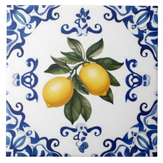 Mediterranean Lemons with Blue and White Border Tegeltje (Voorkant)