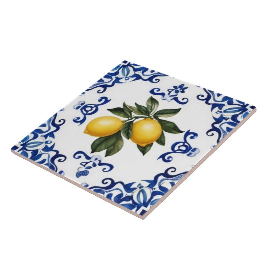 Mediterranean Lemons with Blue and White Border Tegeltje (Zijkant)