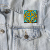 Mediterranean Moroccan Tile Pattern Blue and Gold Vierkante Button 5,1 Cm (In situ)