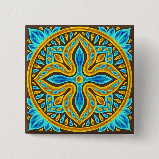 Mediterranean Moroccan Tile Pattern Blue and Gold Vierkante Button 5,1 Cm (Voorkant)
