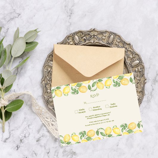 Mediterranean Olive Lemon Modern Wedding RSVP Kaartje