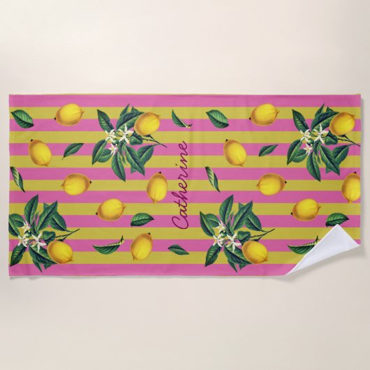 Mediterranean Oude Citroenen Roze Strepen Naam Strandlaken (Voorkant)