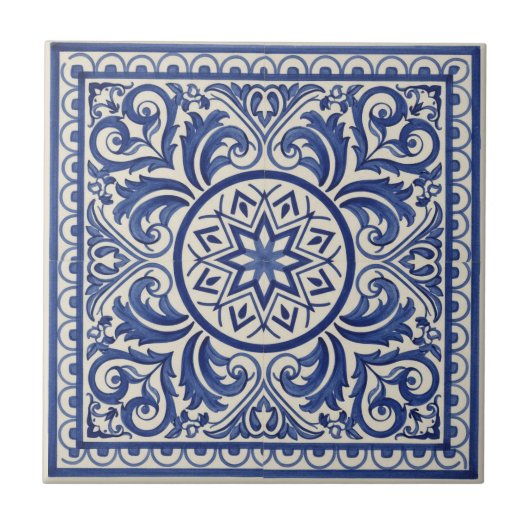 Mediterranean Pattern Pat#11 Blue Ivory ID1195 Tegeltje (Voorkant)