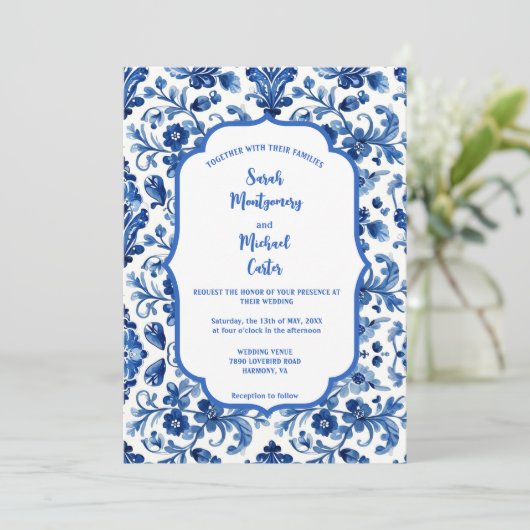 Mediterranean Portuguese Blue Tile Custom Kaart (Staand voorkant)