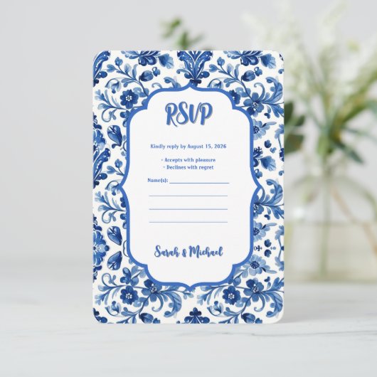 Mediterranean Portuguese Blue Tile  Save The Date (Staand voorkant)