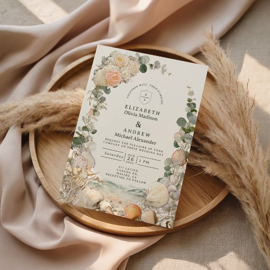 Mediterranean Seashell Botanical Wedding Kaart