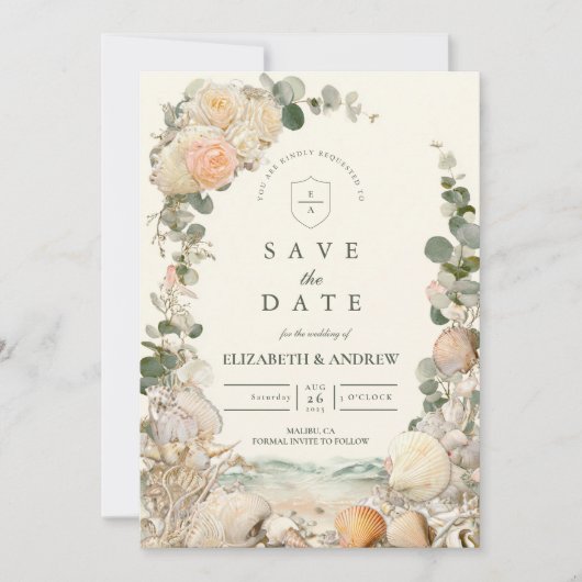 Mediterranean Seashell Botanical Wedding Save The Date (Voorkant)