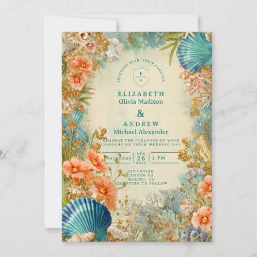 Mediterranean Seashell Elegance Wedding Kaart (Voorkant)
