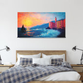 Mediterranean Seaside Village Canvas Wall Art Afdruk (Insitu (Slaapkamer))
