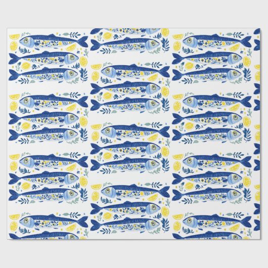 Mediterranean Summer Blue and Yellow Sardines Cadeaupapier (Vlak)