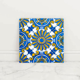 Mediterranean Sunburst Blue and Gold Floral Mosaic Tegeltje