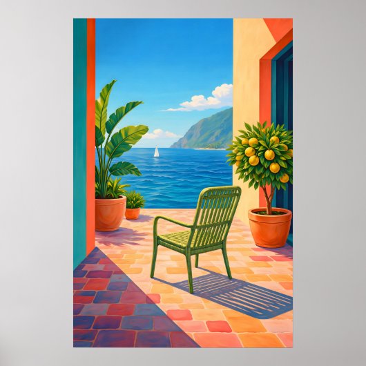 Mediterranean terras zeezicht poster, Amalfi Poster (Voorkant)