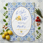 Mediterranean Tile Custom Newlywed Theedoek<br><div class="desc">A kitchen towel for newlywed home featuring Mediterranean tile patterns, elegant script calligraphy, and a playful watercolor gelato ice cream design. Inspired by Italian coastal home decor and the sunny charm of the Amalfi Coast, this modern stylish kitchen towel captures the spirit of la dolce vita with bright blue and...</div>