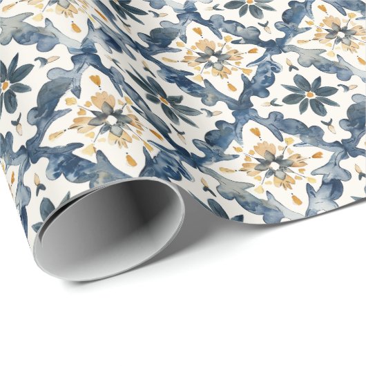 Mediterranean Tile Gift Wrap, Blue and Gold Cadeaupapier (Rol Hoek)