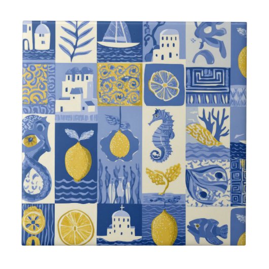 Mediterranean Tile Lemon Coastal Pattern Tegeltje (Voorkant)