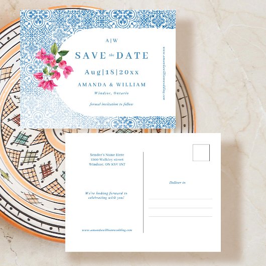 Mediterranean tile pattern Save the Date Post Card Briefkaart