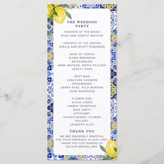 Mediterranean Tile Wedding with Lemons Programmakaart (Achterkant)