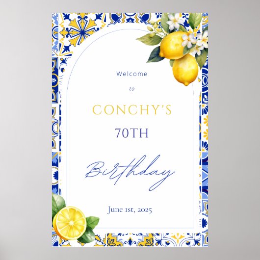 Mediterranean Tiles Lemon Birthday Welcome Sign Poster (Voorkant)